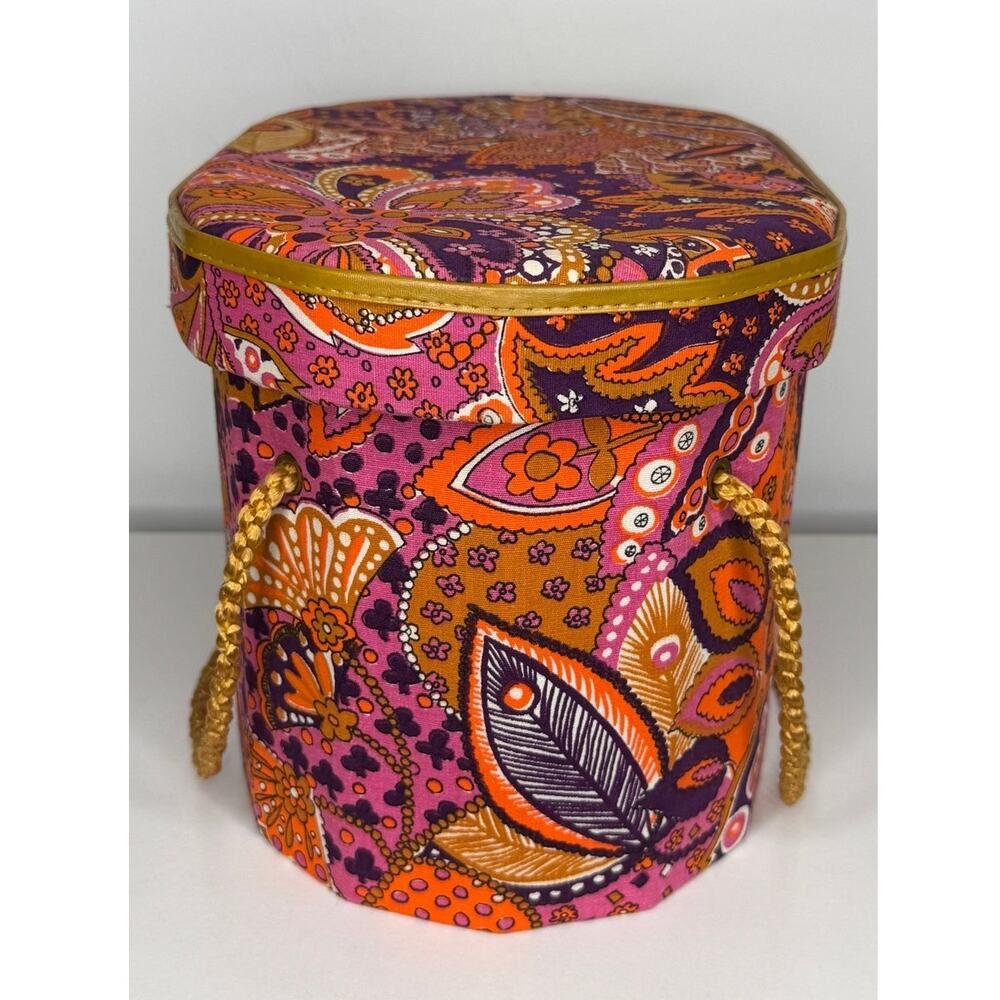 1960s Psychedelic Paisley Wig Case Hat Box Vanity Storage Mod Orange Pink - Picture 13 of 16
